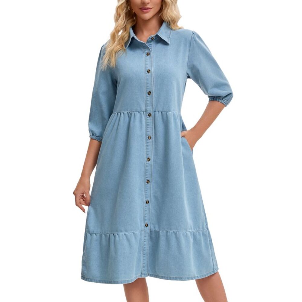 Women's Denim Dress 3/4 Sleeve Collar A Line Tiered Midi Jean Dress Pale Blue